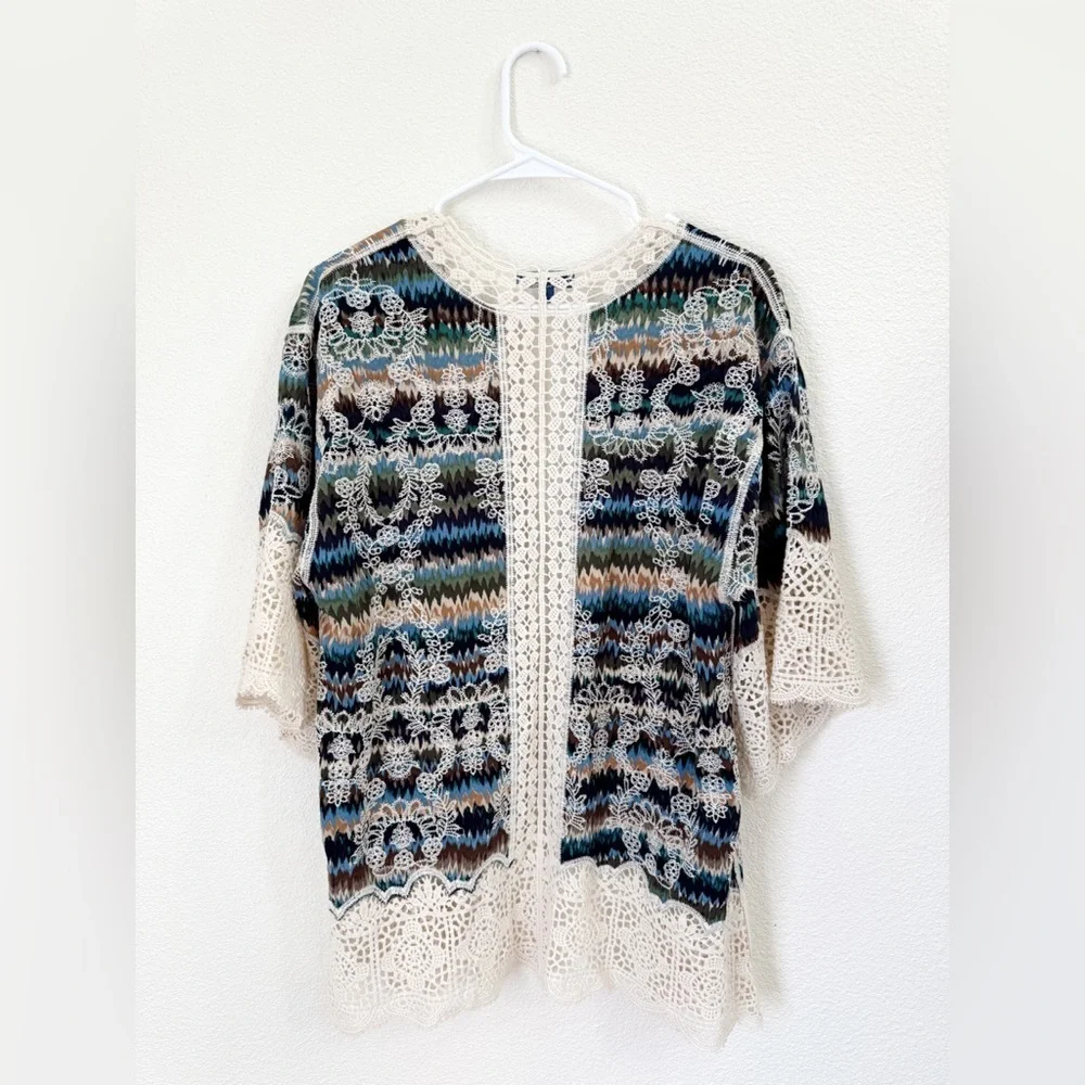 Democracy Boho Embroidered Crochet Lace Open Cardigan Poncho Women’s Size Small